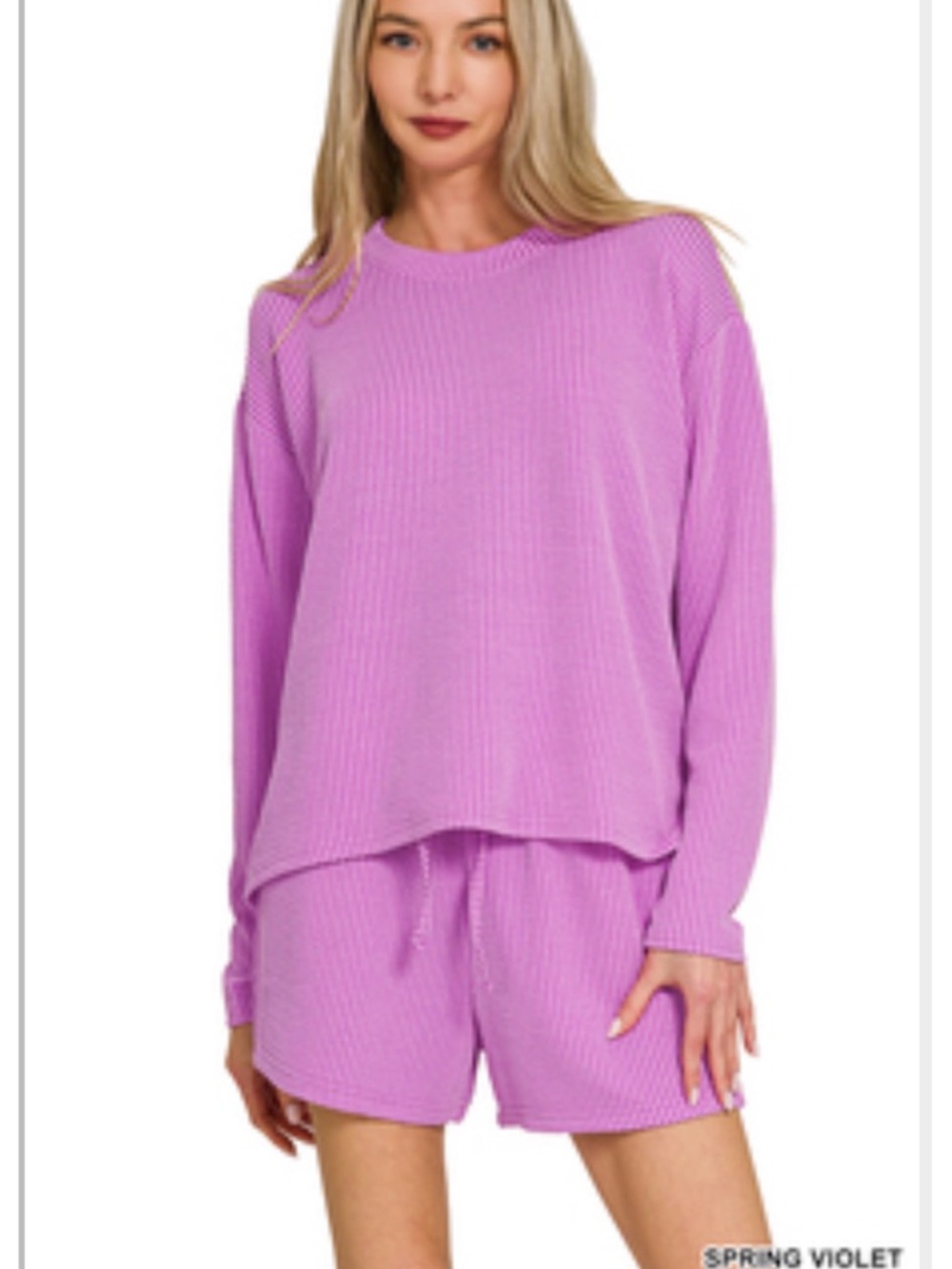 Zenana Spring Violet raised Ribbed Lounge Top & Drawstring Shorts Set